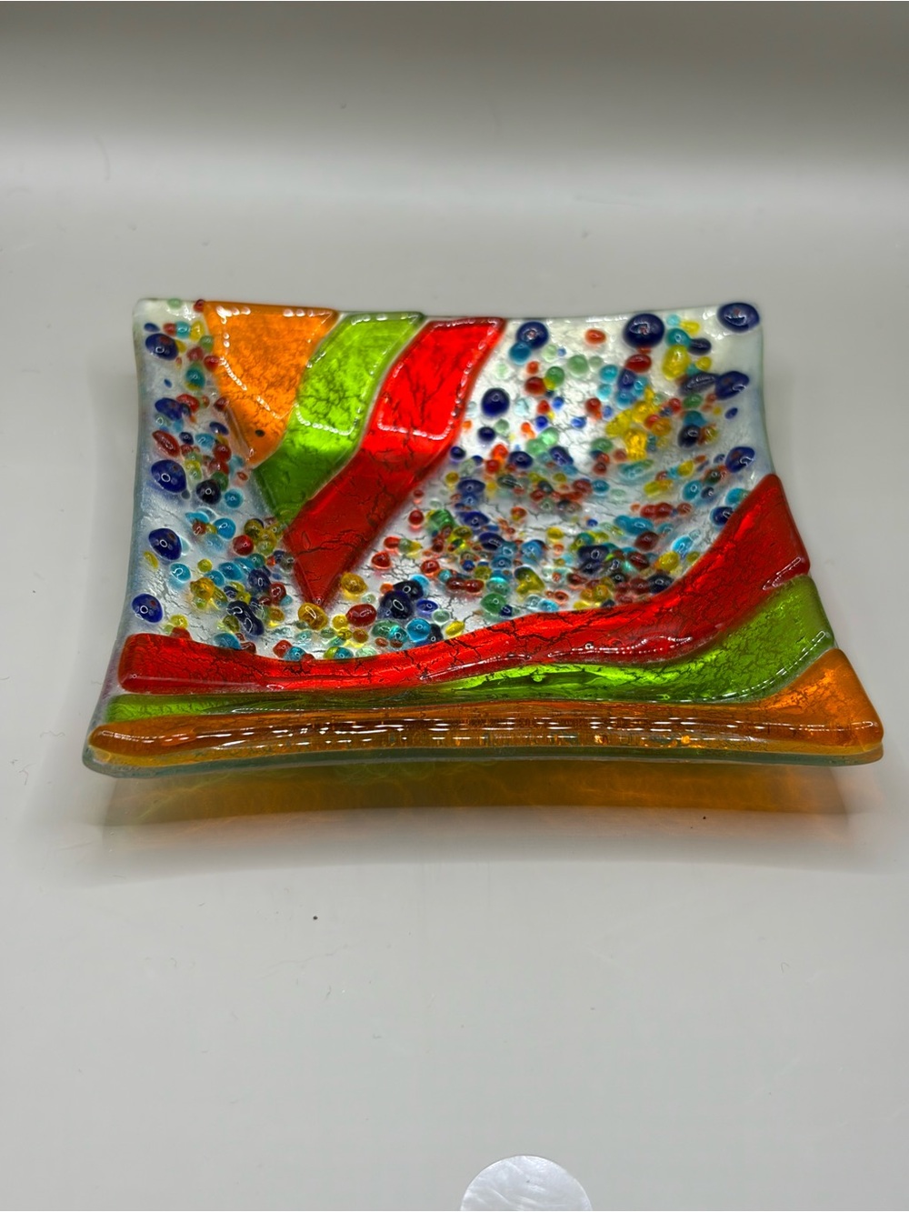 Source Unknown Fused Glass Decorative Dish in Red, Green, Orange